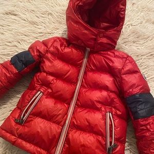 Authentic Moncler Kids Puffer Jacket in Red with Black Accents 3T